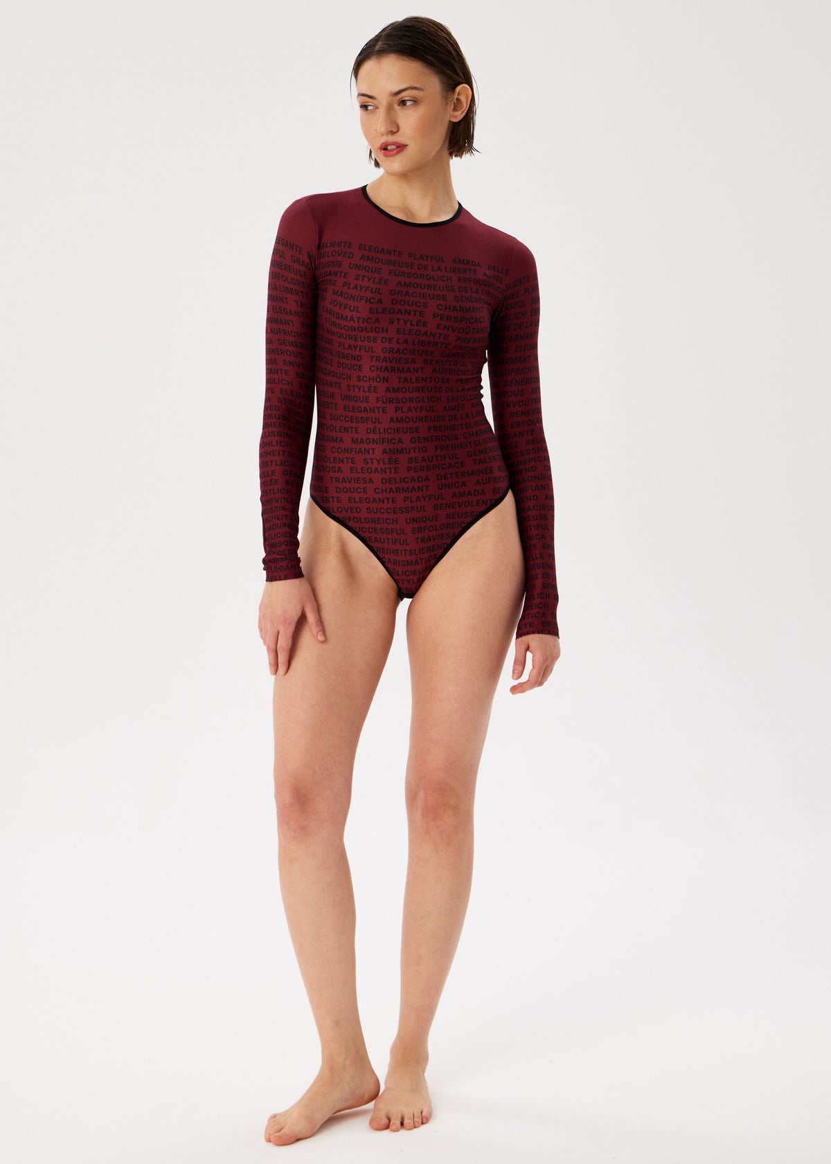 Words Bordo Tattoo Bodysuit – Long Sleeve Polyviscose for Women