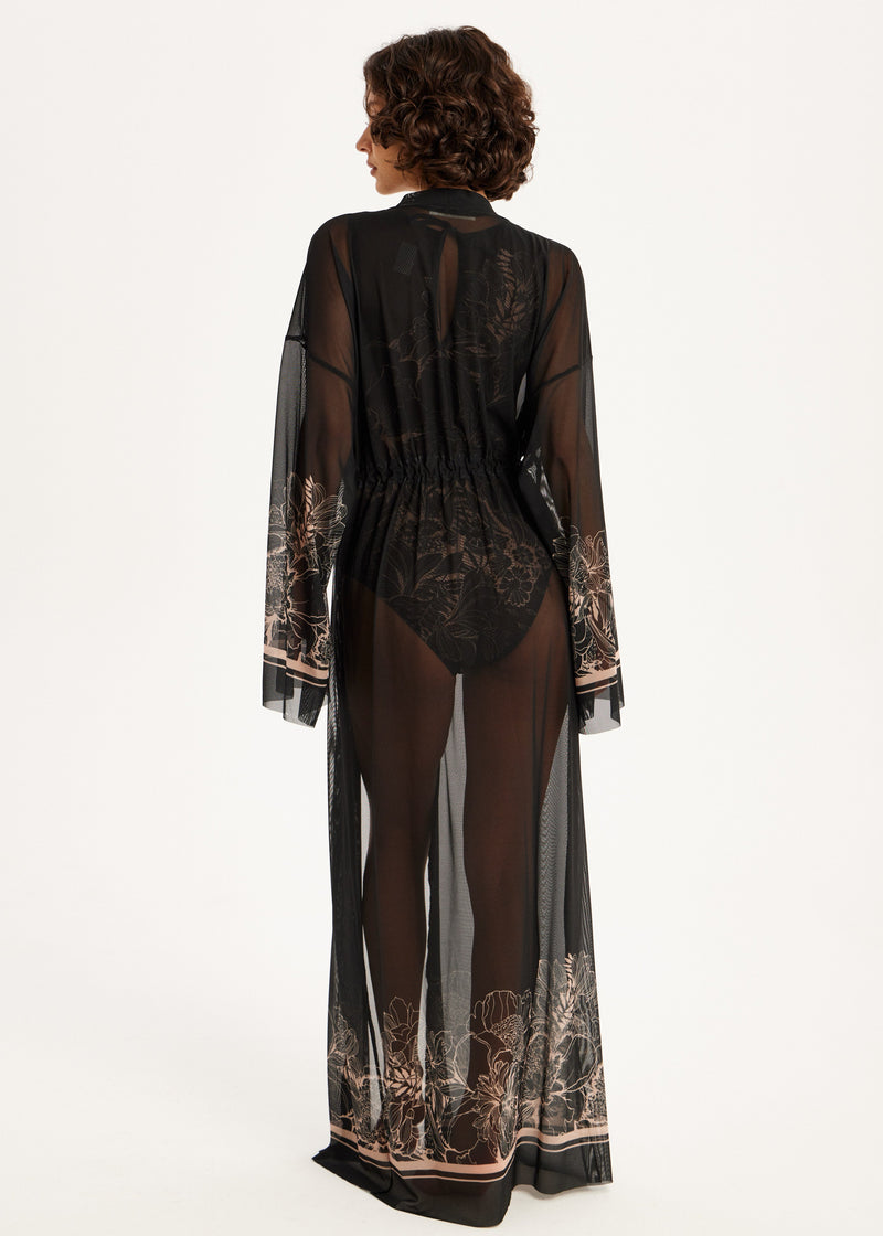 Black lace dress beach cover-up spf50 with sheer overlay on a white background
