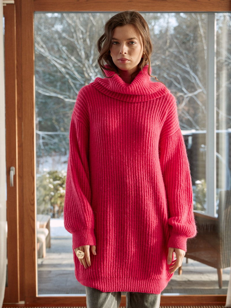 Pink Chic Knit Sweater Dress with Funnel Neck