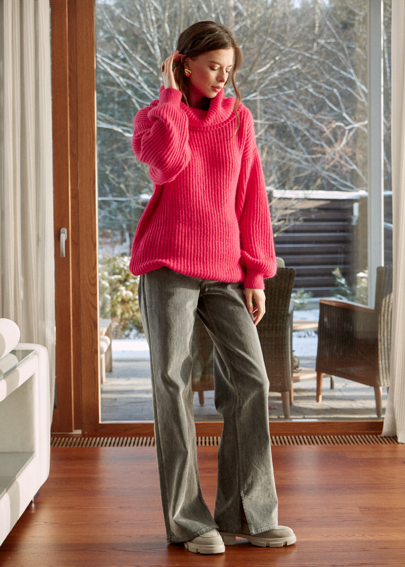 Pink Chic Knit Sweater Dress with Funnel Neck