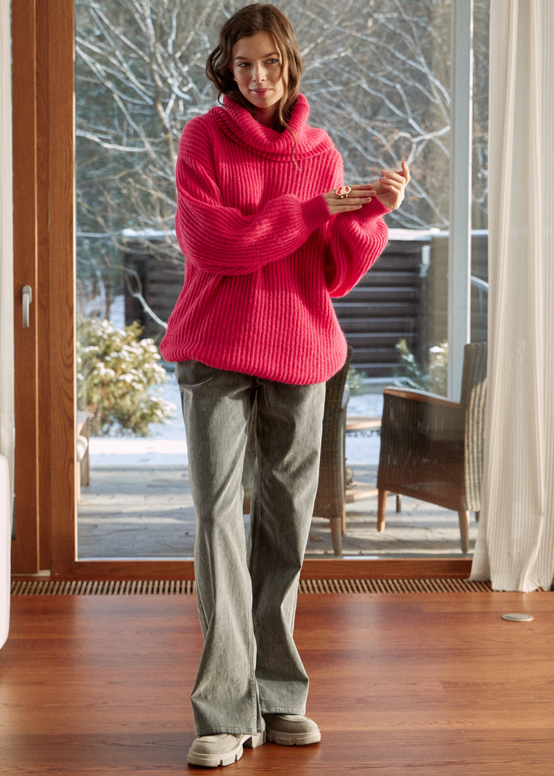 Pink Chic Knit Sweater Dress with Funnel Neck