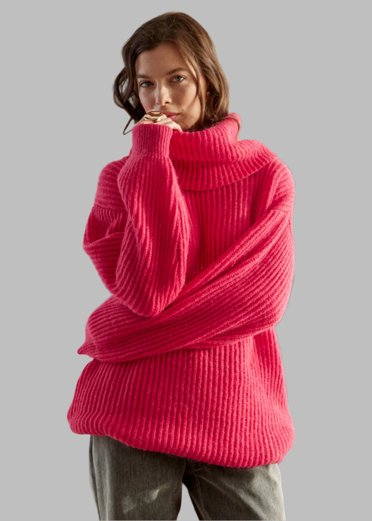 Pink Chic Knit Sweater Dress with Funnel Neck Pink Chic Knit Sweater Dress with Funnel Neck