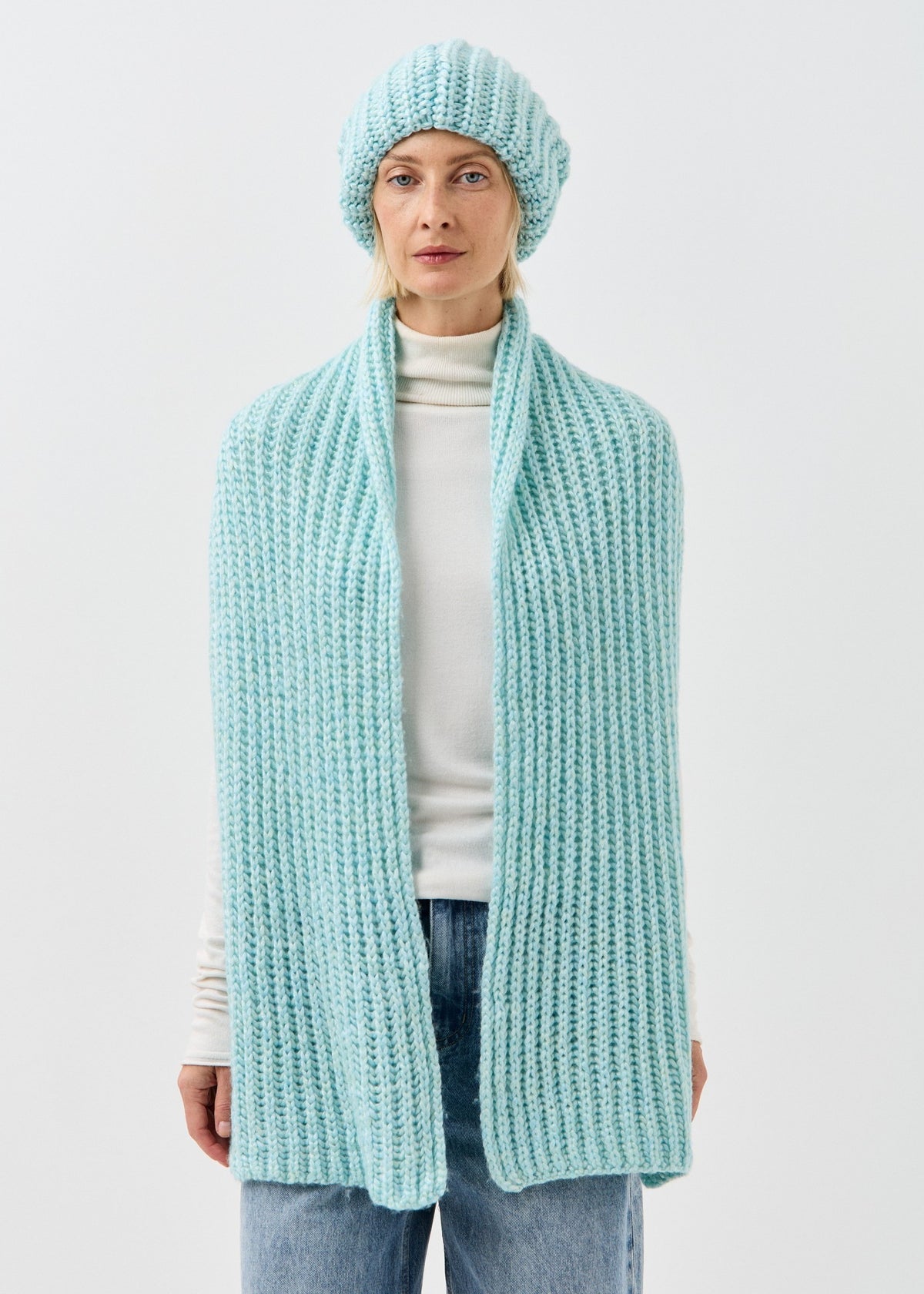 Lustre Blue Melange alpaca-wool scarf: Front outfit view draped over shoulders; beanie sold separately