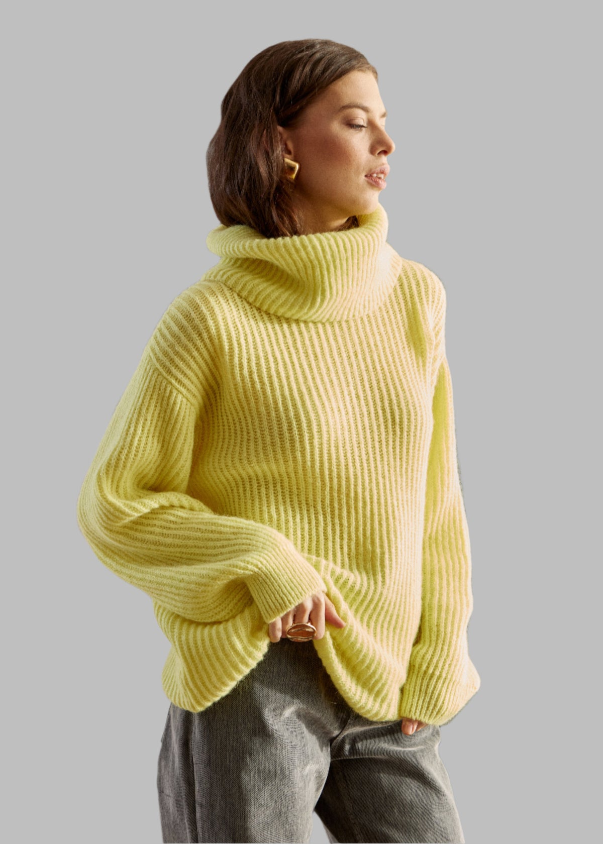 Yellow Chic Knit Sweater Dress with Funnel Neck