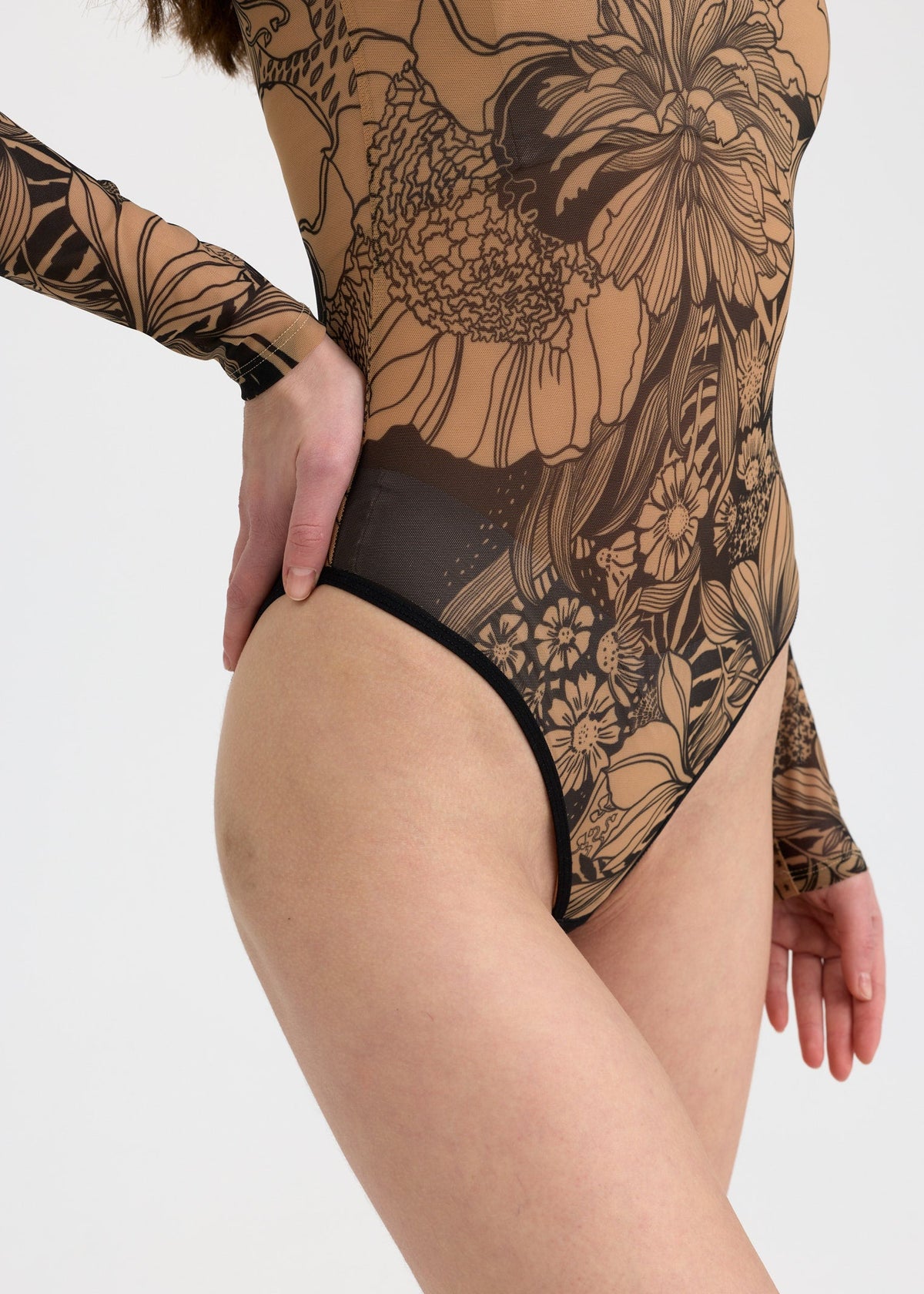 Woman's Aster See Through Bodysuit - Sheer, Tattooed, Floral Design - BRIKOLY