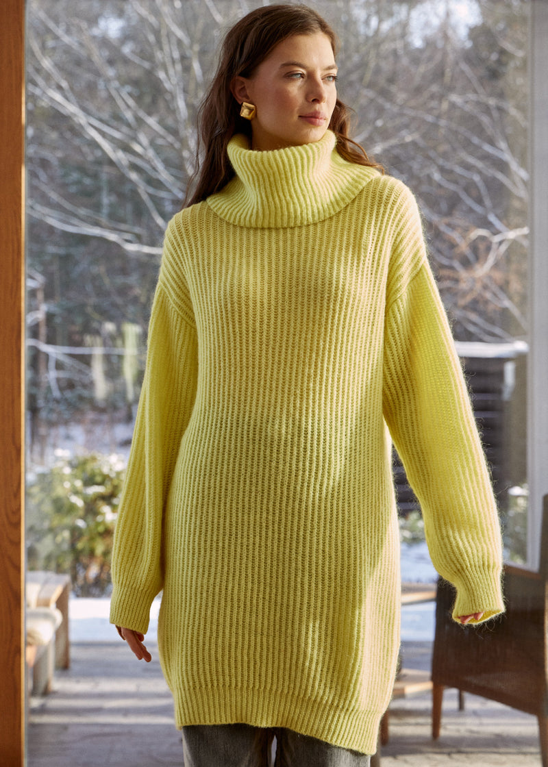 Yellow Chic Knit Sweater Dress with Funnel Neck