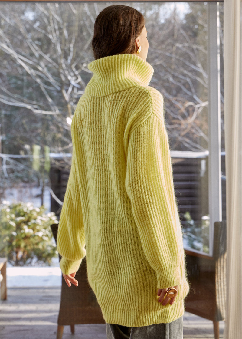 Yellow Chic Knit Sweater Dress with Funnel Neck