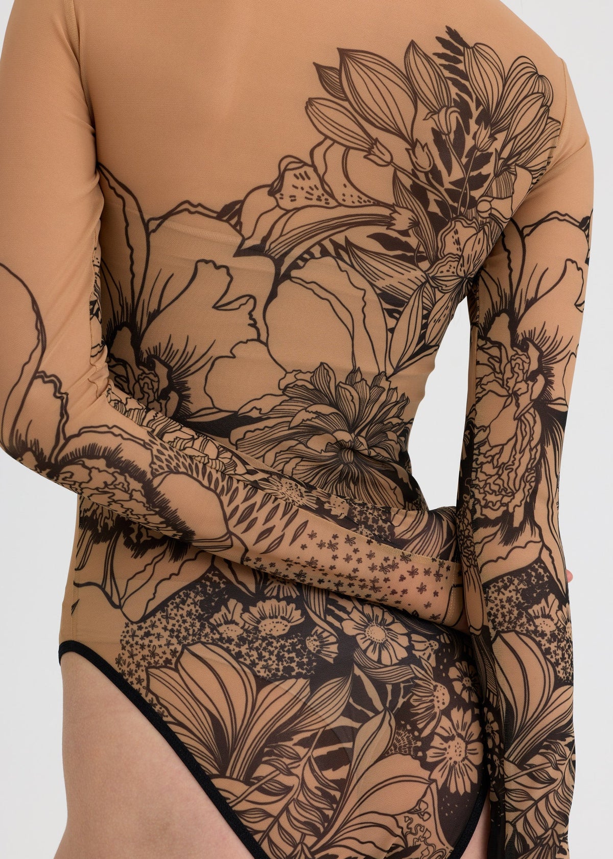Woman's Aster See Through Bodysuit - Sheer, Tattooed, Floral Design - BRIKOLY