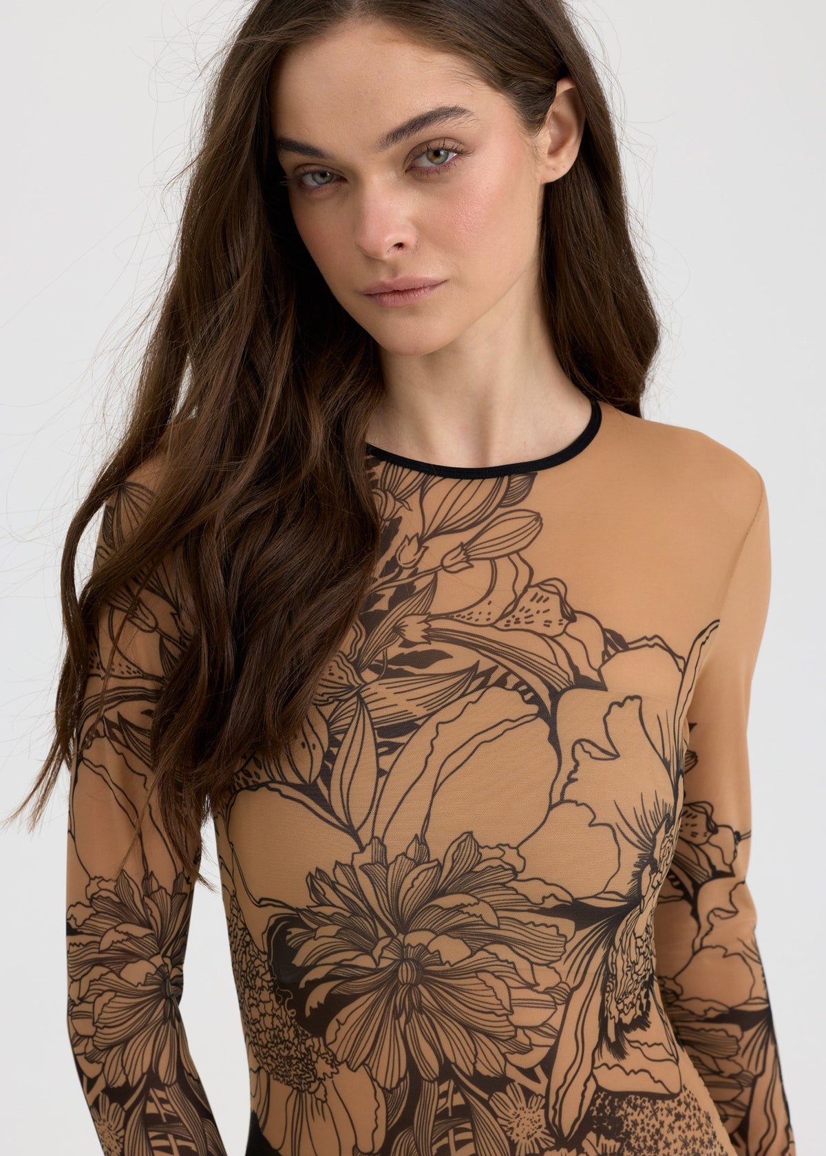 Woman's Aster See Through Bodysuit - Sheer, Tattooed, Floral Design - BRIKOLY