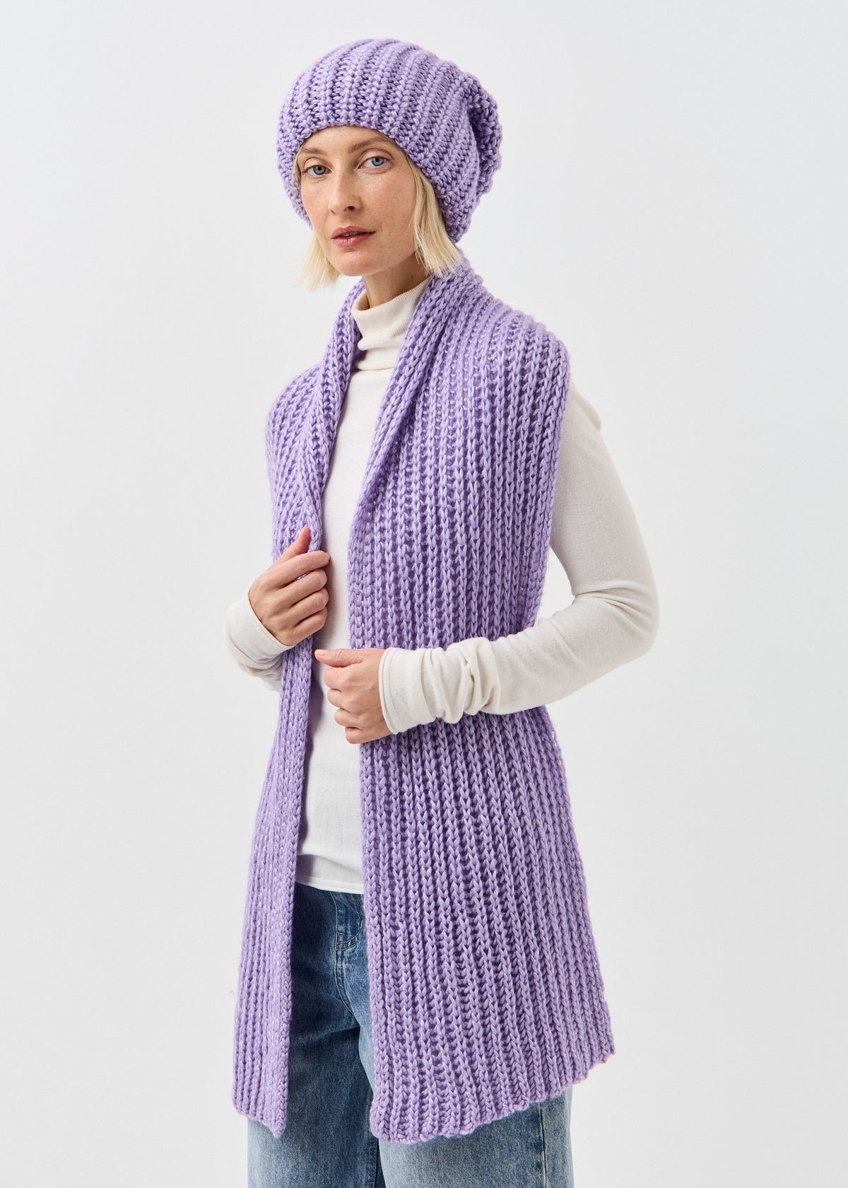 Lustre Violet Melange alpaca-wool scarf: Front outfit view with scarf draped over shoulders; beanie sold separately