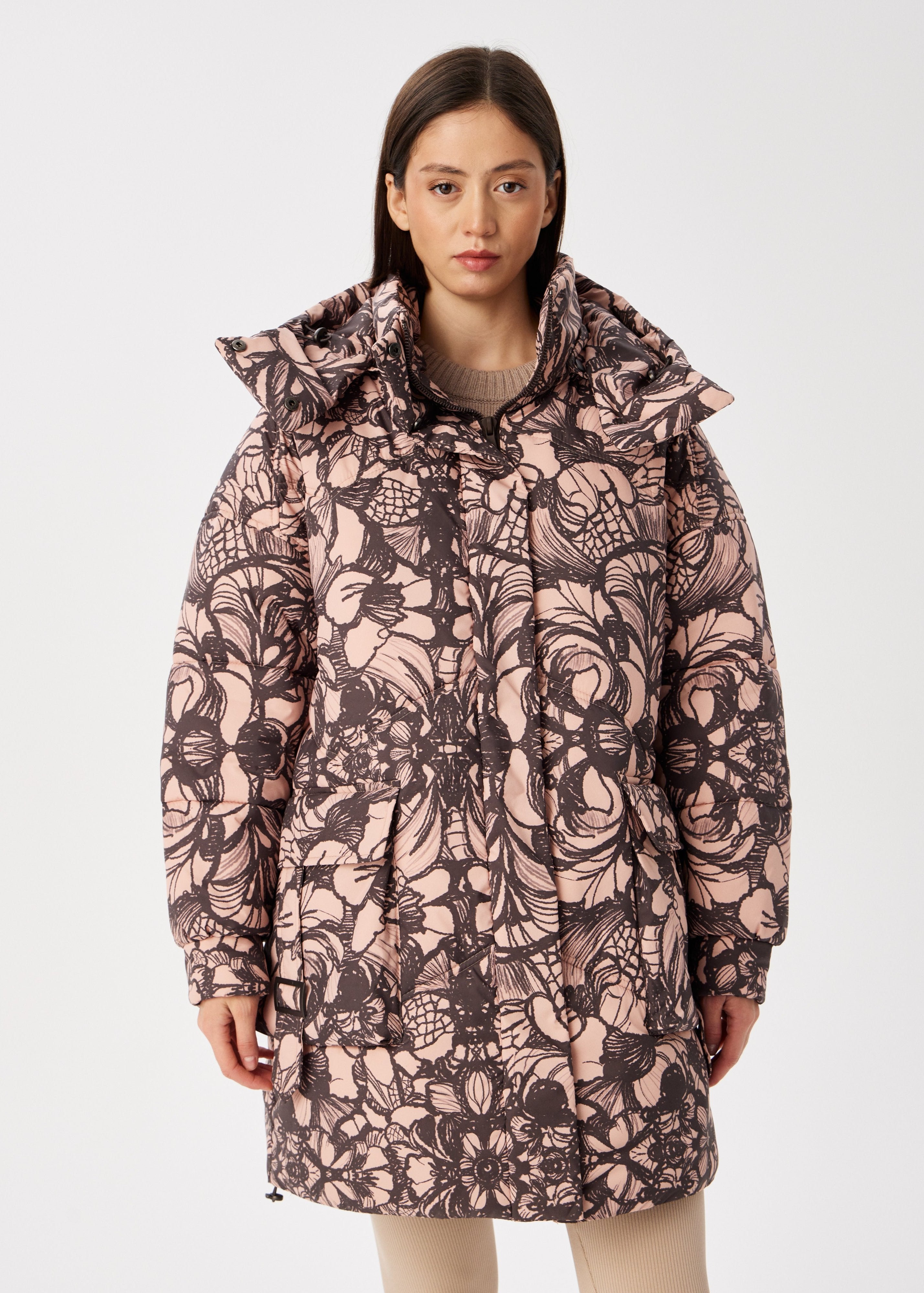 Lace Printed Puffer Jacket for Women – Artistic & Cozy Design