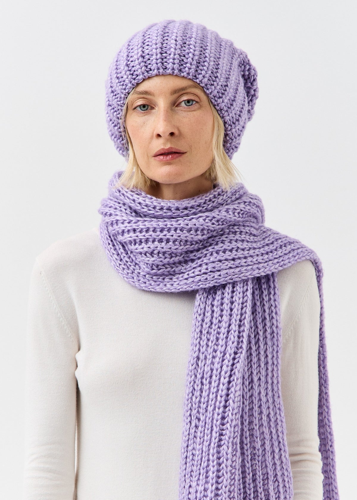 Lustre Violet Melange alpaca-wool scarf: Front portrait with one end hanging down; beanie sold separately