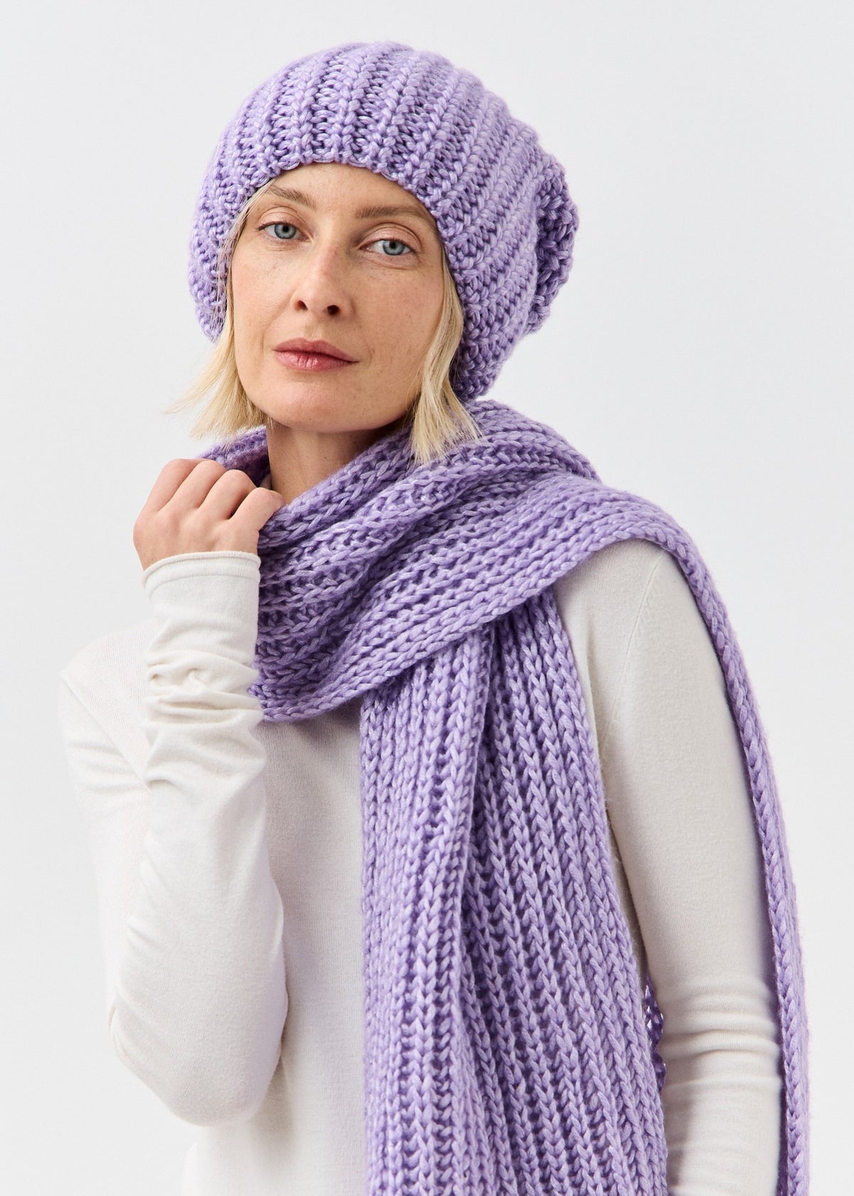 Lustre Violet Melange alpaca-wool scarf: Front close-up wrapped around the neck; beanie sold separately