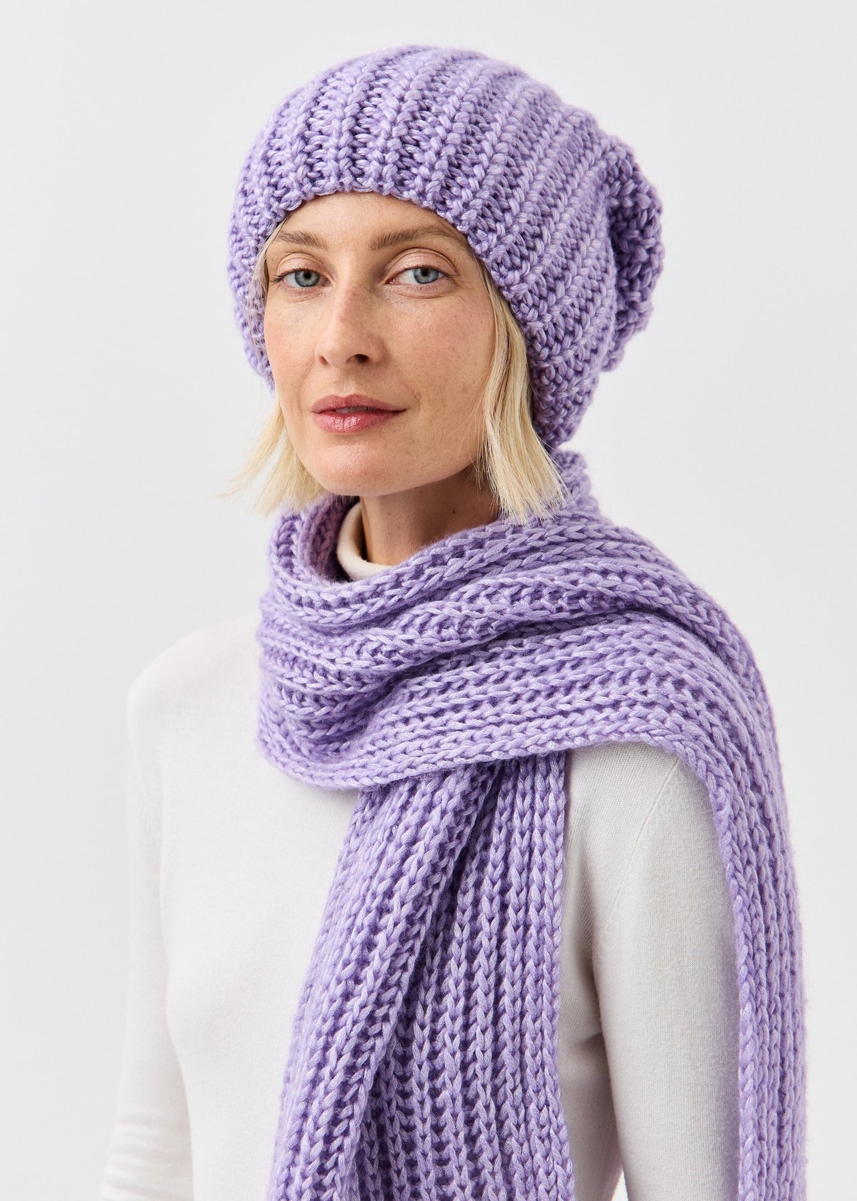 Lustre Violet Melange alpaca-wool scarf: Close-up of the wrapped ribbed knit; beanie sold separately