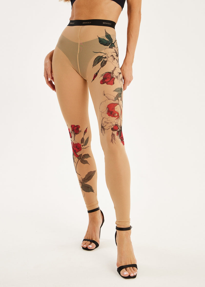 Sheer Rose Mesh Leggings – Floral Tattoo Print for Women