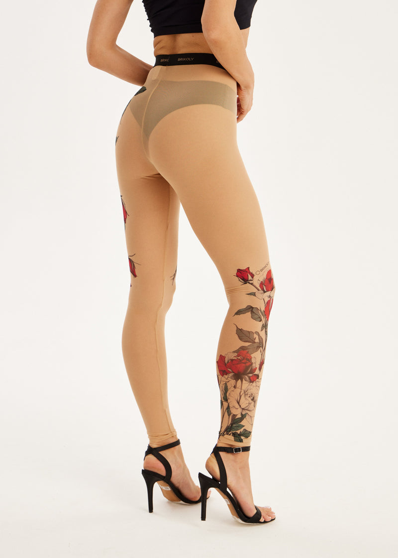 Sheer Rose Mesh Leggings – Floral Tattoo Print for Women
