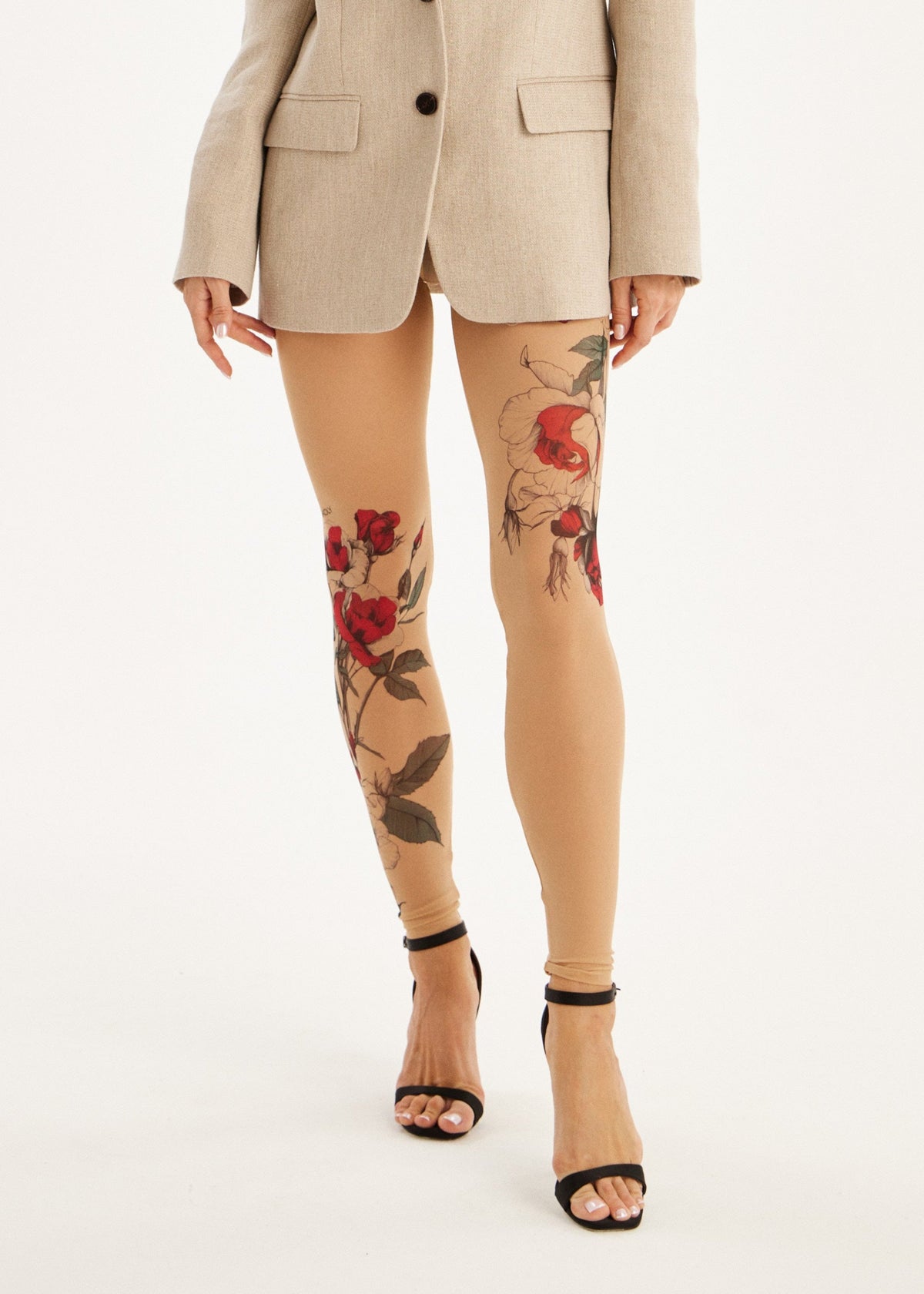 Sheer Rose Mesh Leggings – Floral Tattoo Print for Women
