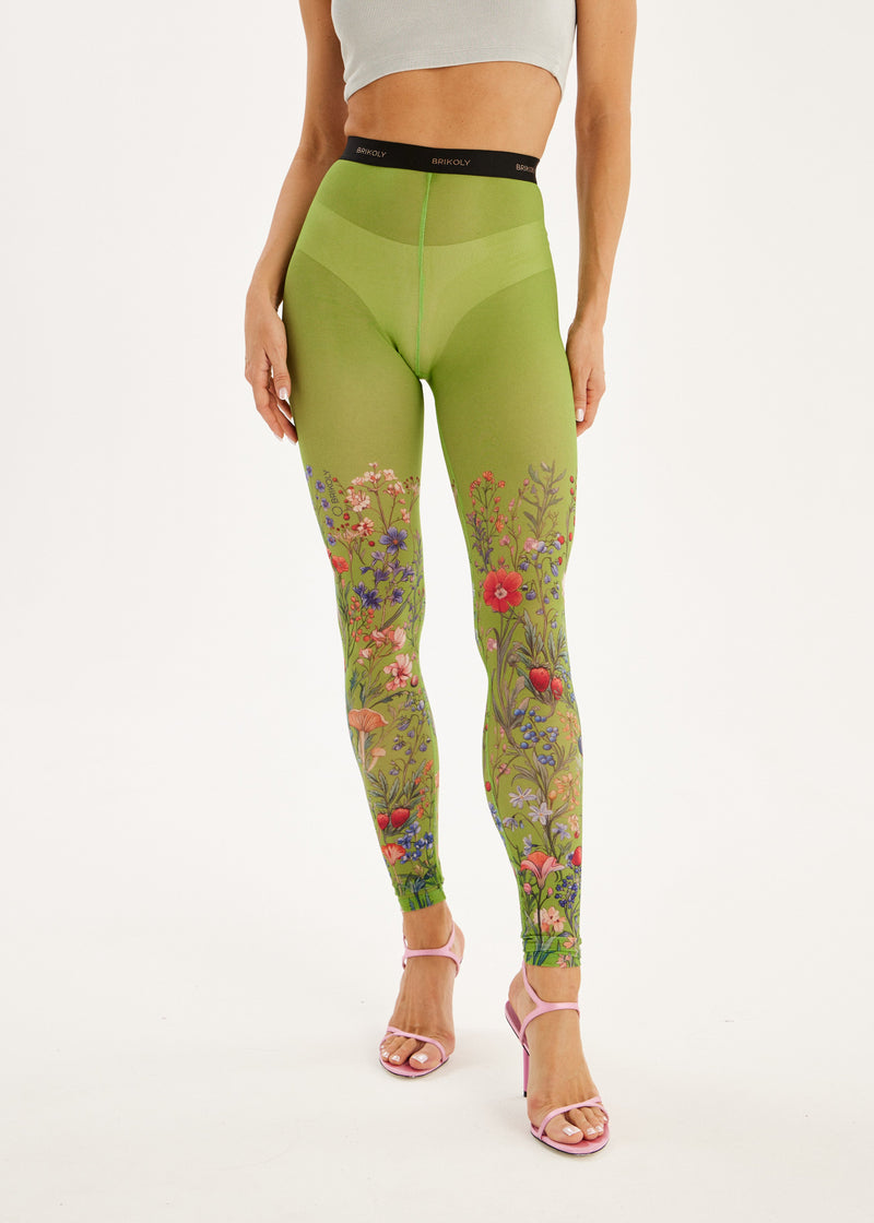 Sheer Green Mesh Floral Leggings for Women
