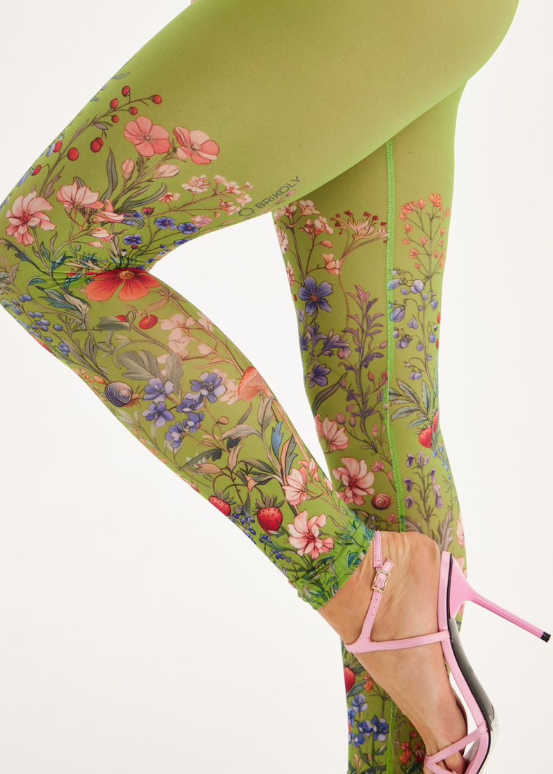 Sheer Green Mesh Floral Leggings for Women