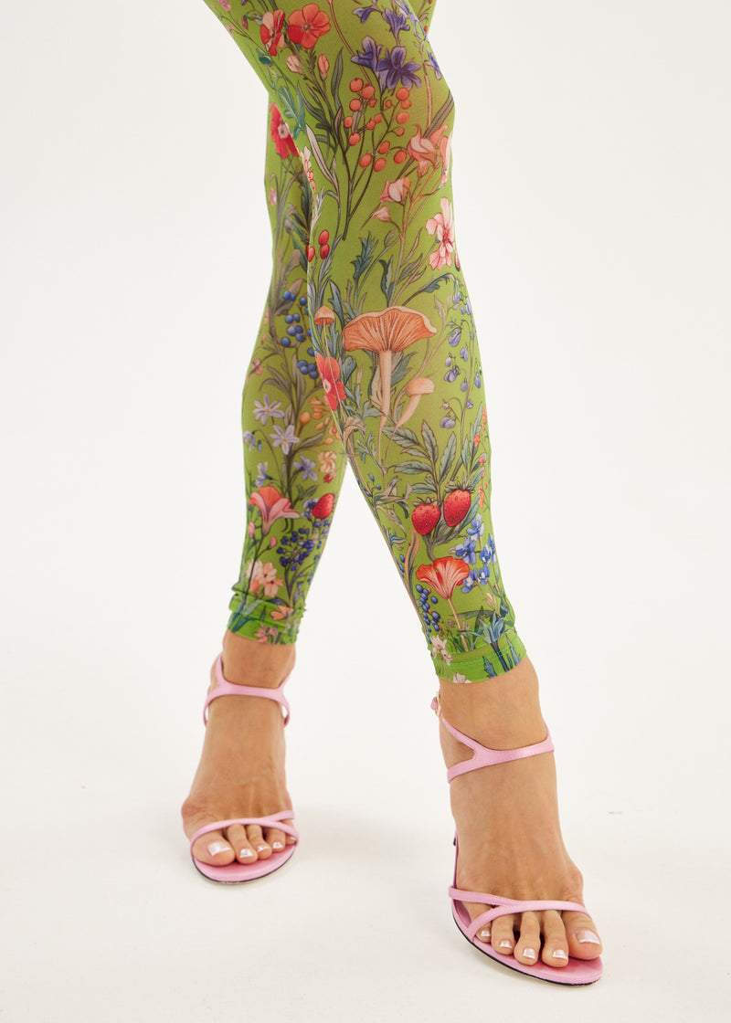 Sheer Green Mesh Floral Leggings for Women