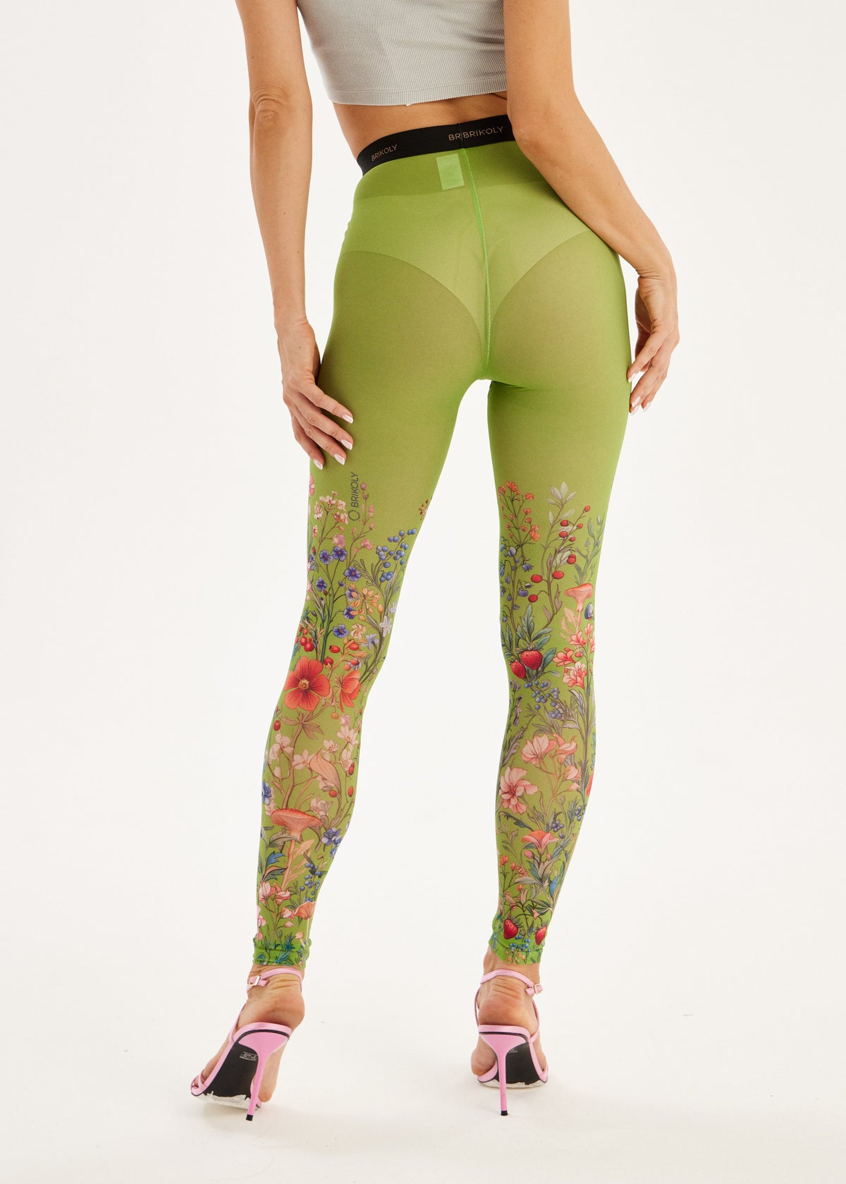 Sheer Green Mesh Floral Leggings for Women