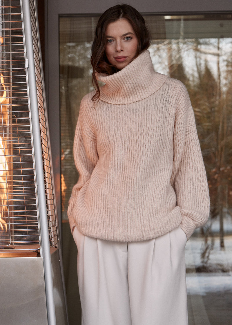 Beige Chic Knit Sweater Dress with Funnel Neck – BRIKOLY