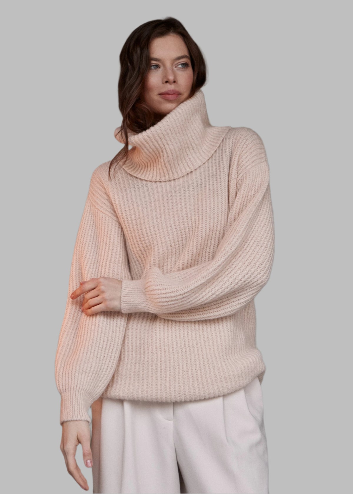 Beige Chic Knit Sweater Dress with Funnel Neck BRIKOLY Beige Chic Knit Sweater Dress with Funnel Neck BRIKOLY