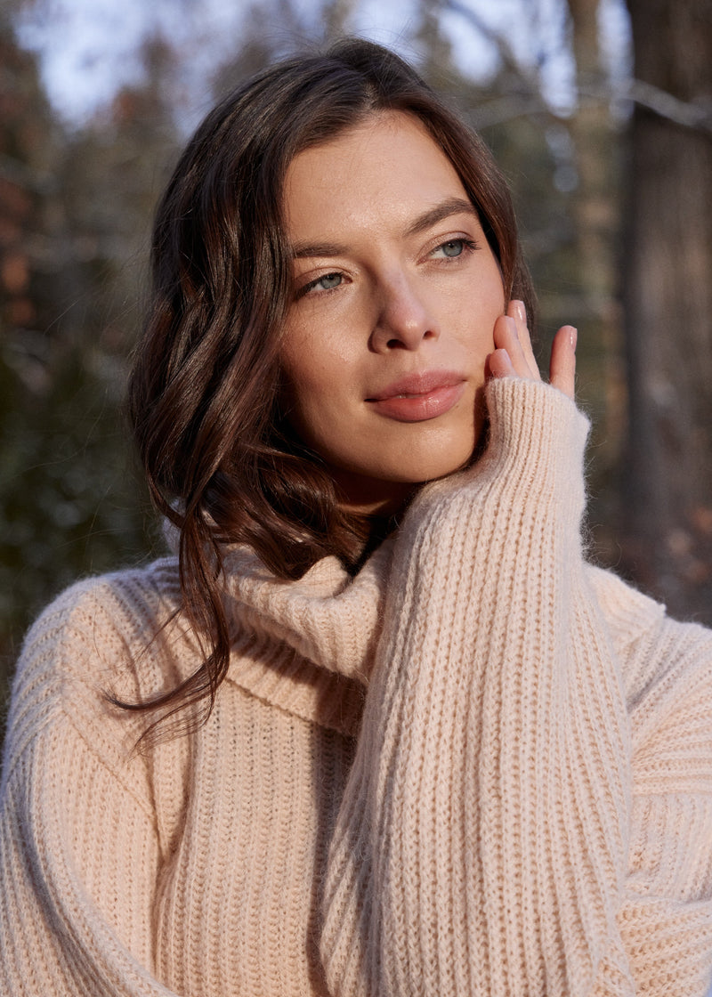 Beige Chic Knit Sweater Dress with Funnel Neck