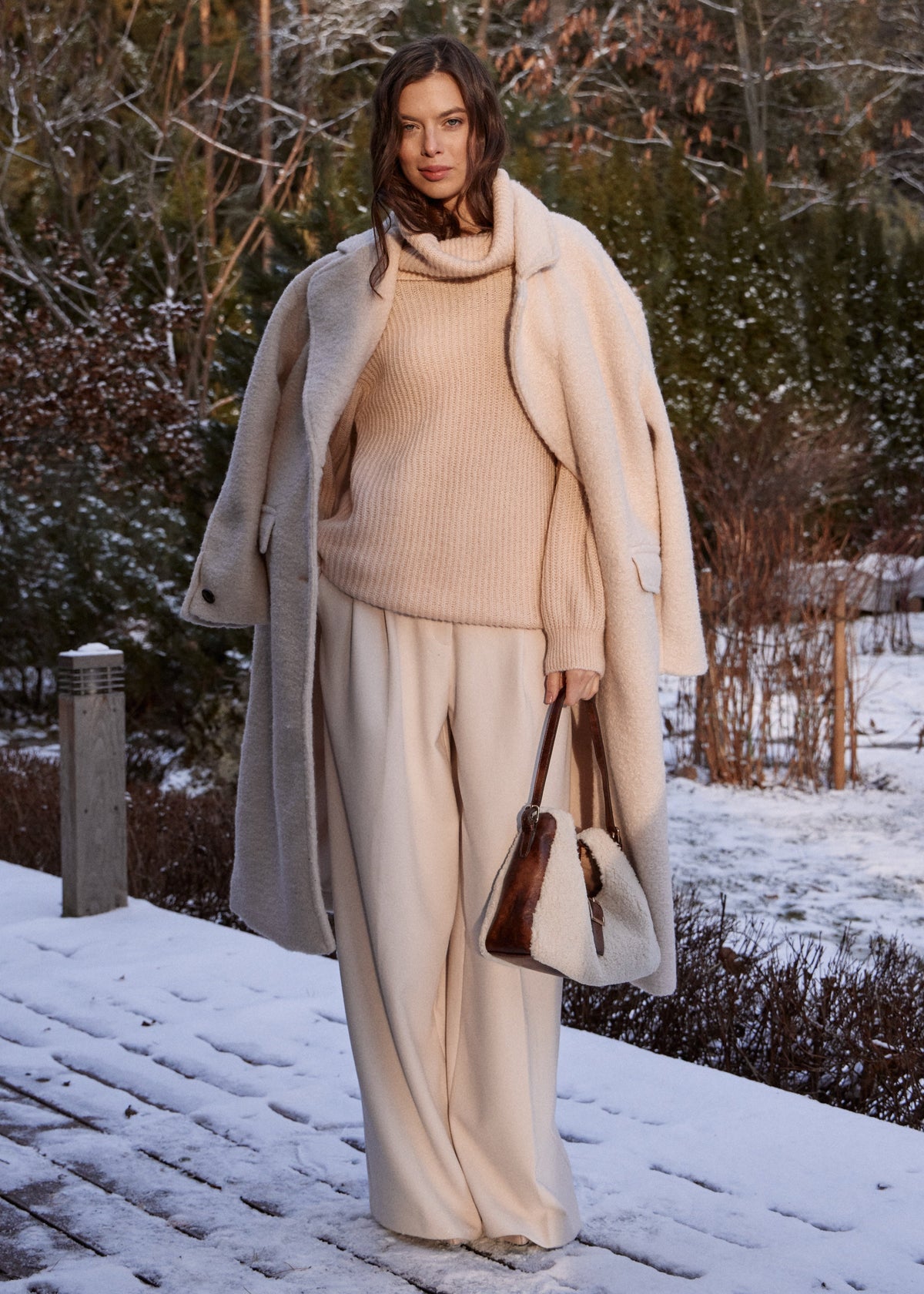 Beige Chic Knit Sweater Dress with Funnel Neck