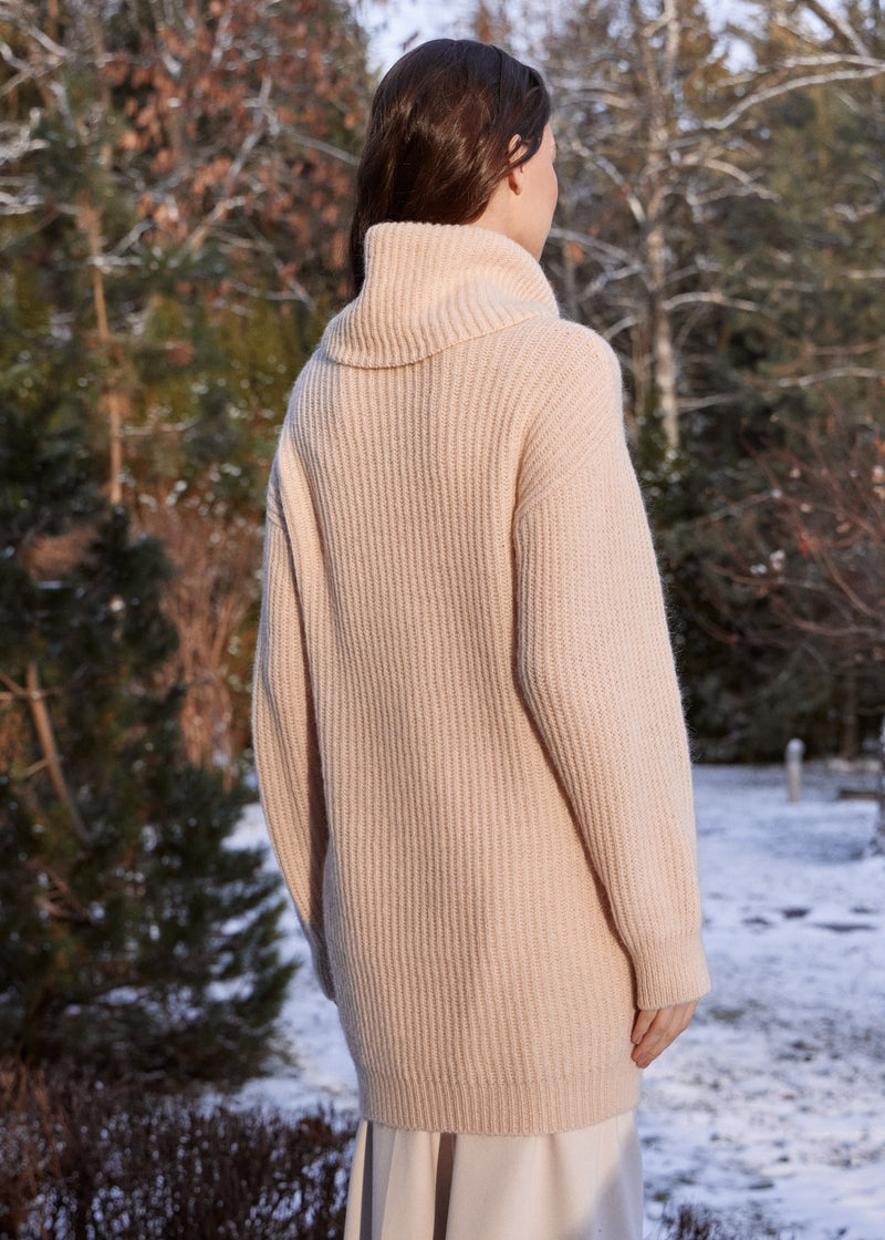 Beige Chic Knit Sweater Dress with Funnel Neck