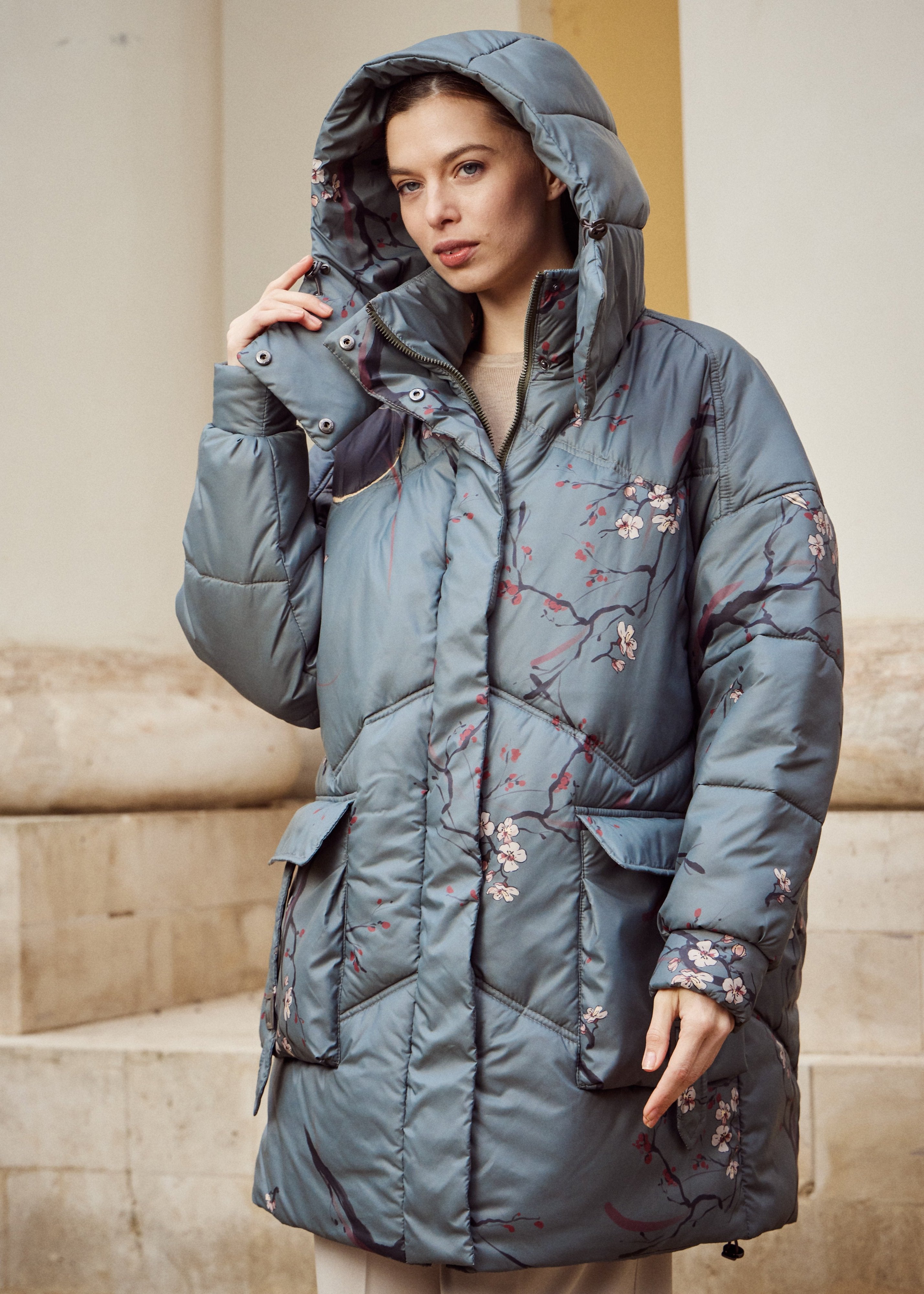 Sakura Printed Puffer Jacket for Women – Artistic & Cozy Design
