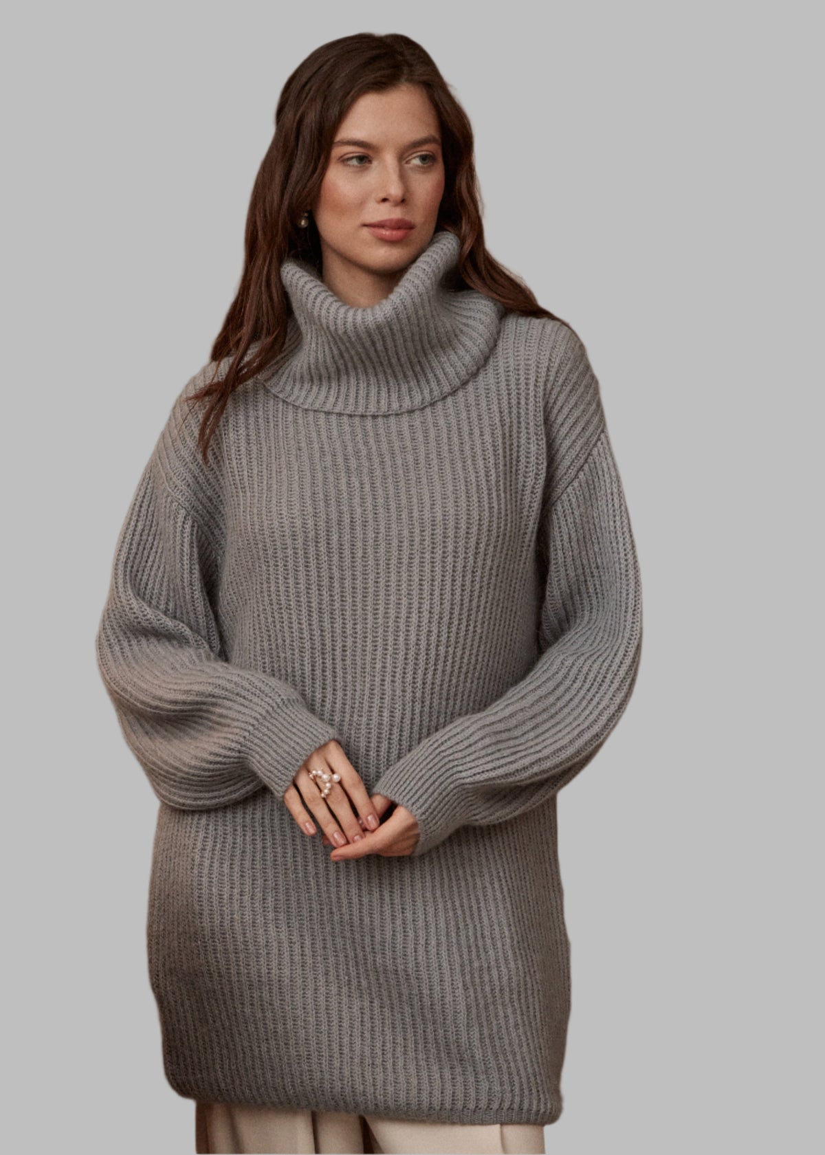 Grey Chic Knit Sweater Dress with Funnel Neck