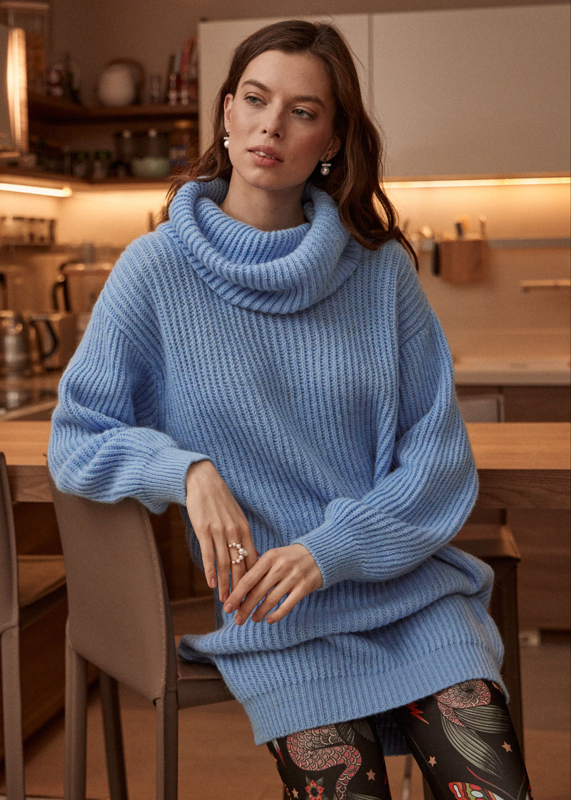 Blue Chic Knit Sweater Dress with Funnel Neck