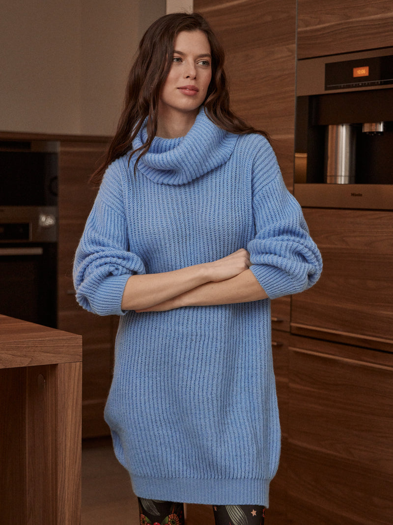 Blue Chic Knit Sweater Dress with Funnel Neck