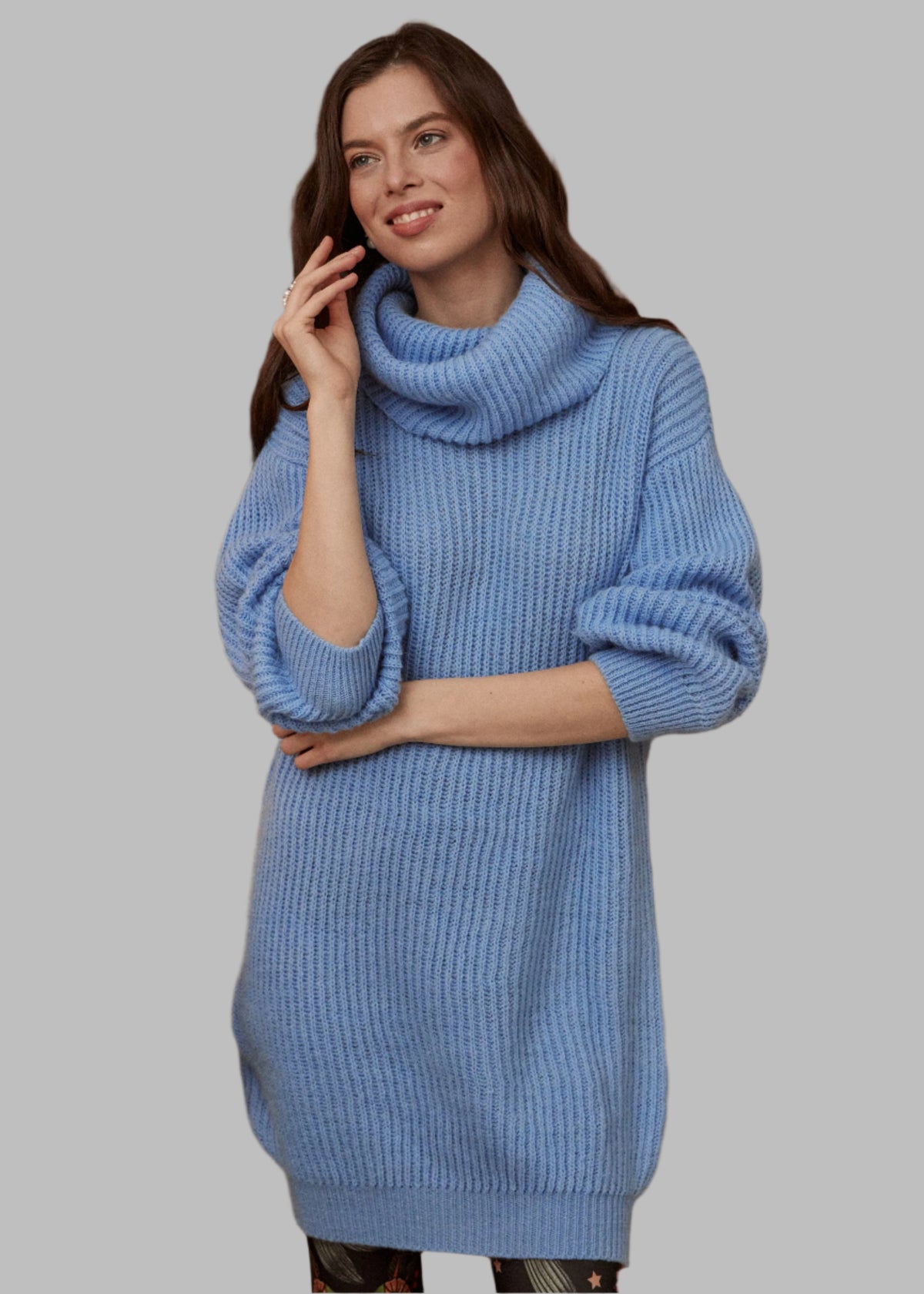 Blue Chic Knit Sweater Dress with Funnel Neck