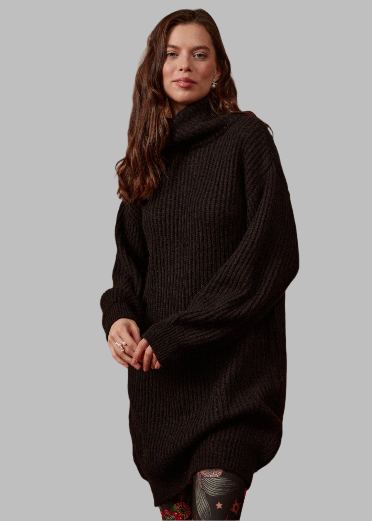 Black Chic Knit Sweater Dress with Funnel Neck