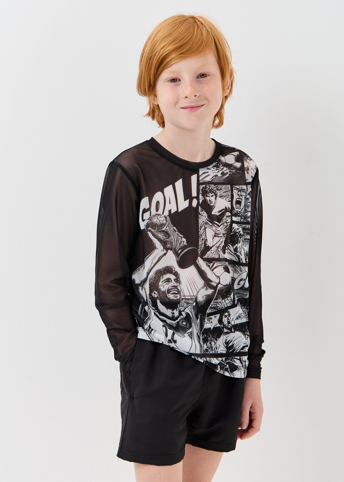 Boys' UPF 50 long sleeve rash guard with football-inspired design. Quick-dry sun protection and matching Dad & Son beachwear by Brikoly.