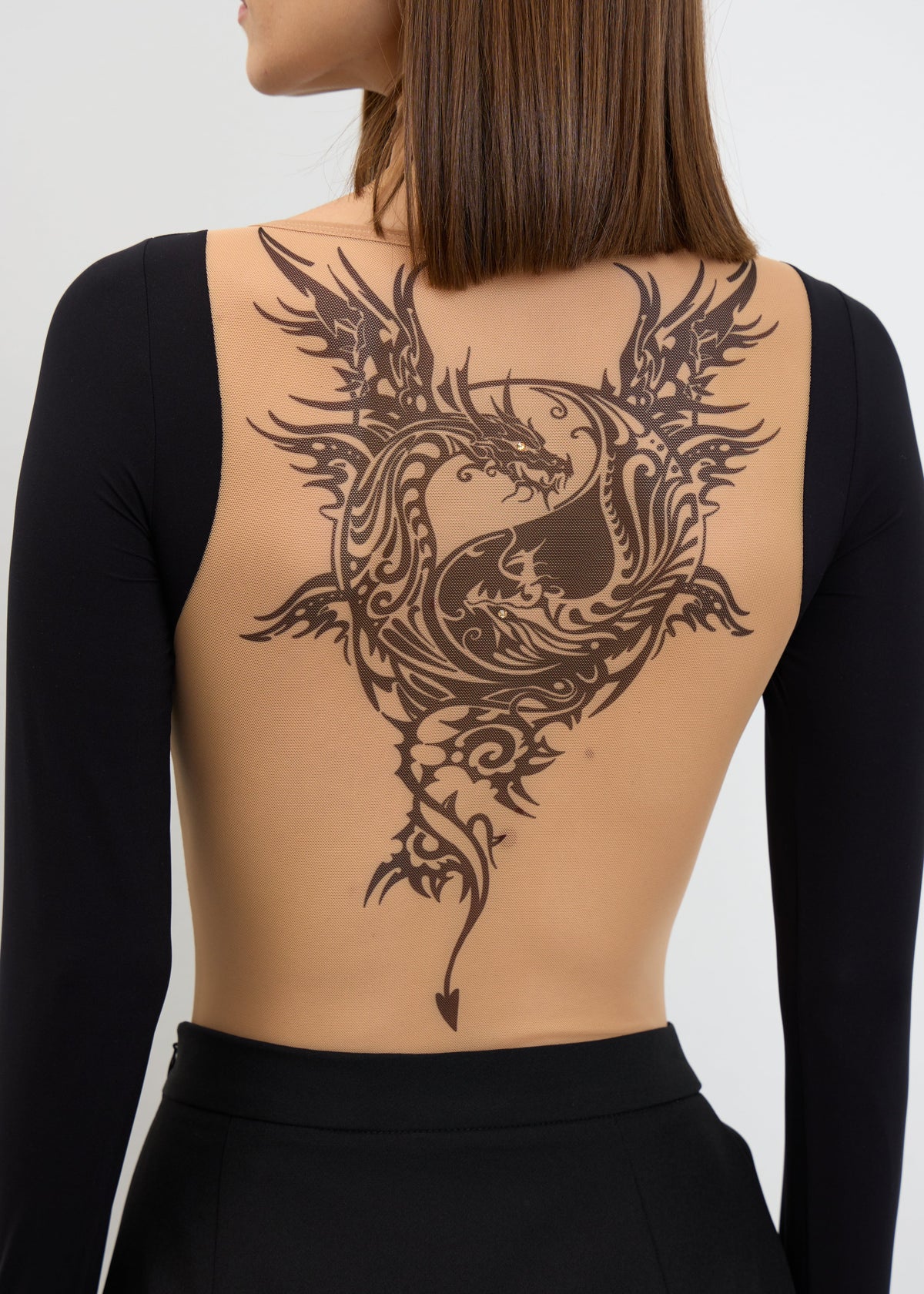 Dragon Bodysuit Long Sleeve Open Back with Fake Tattoo