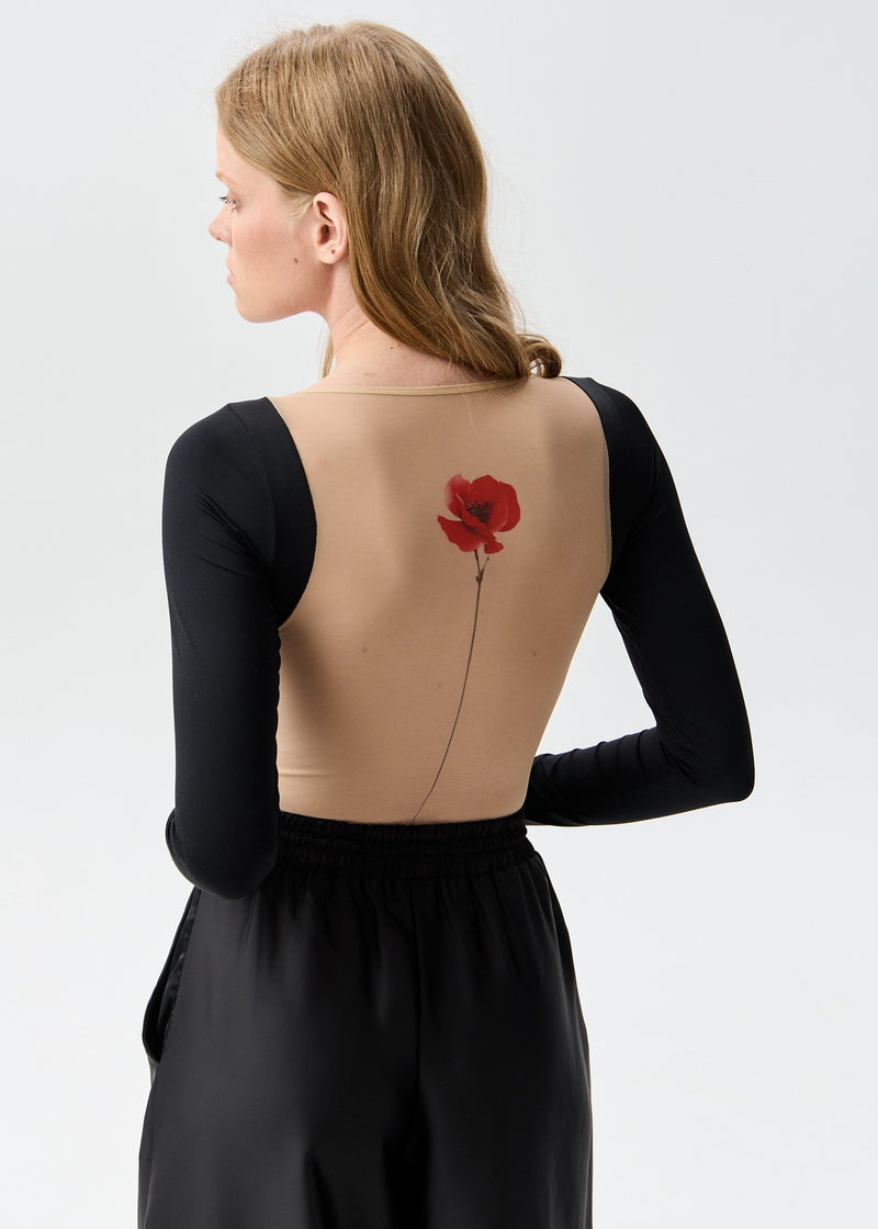 Poppy Tattoo Effect Bodysuit: Long Sleeve & Open Back - BRIKOLY