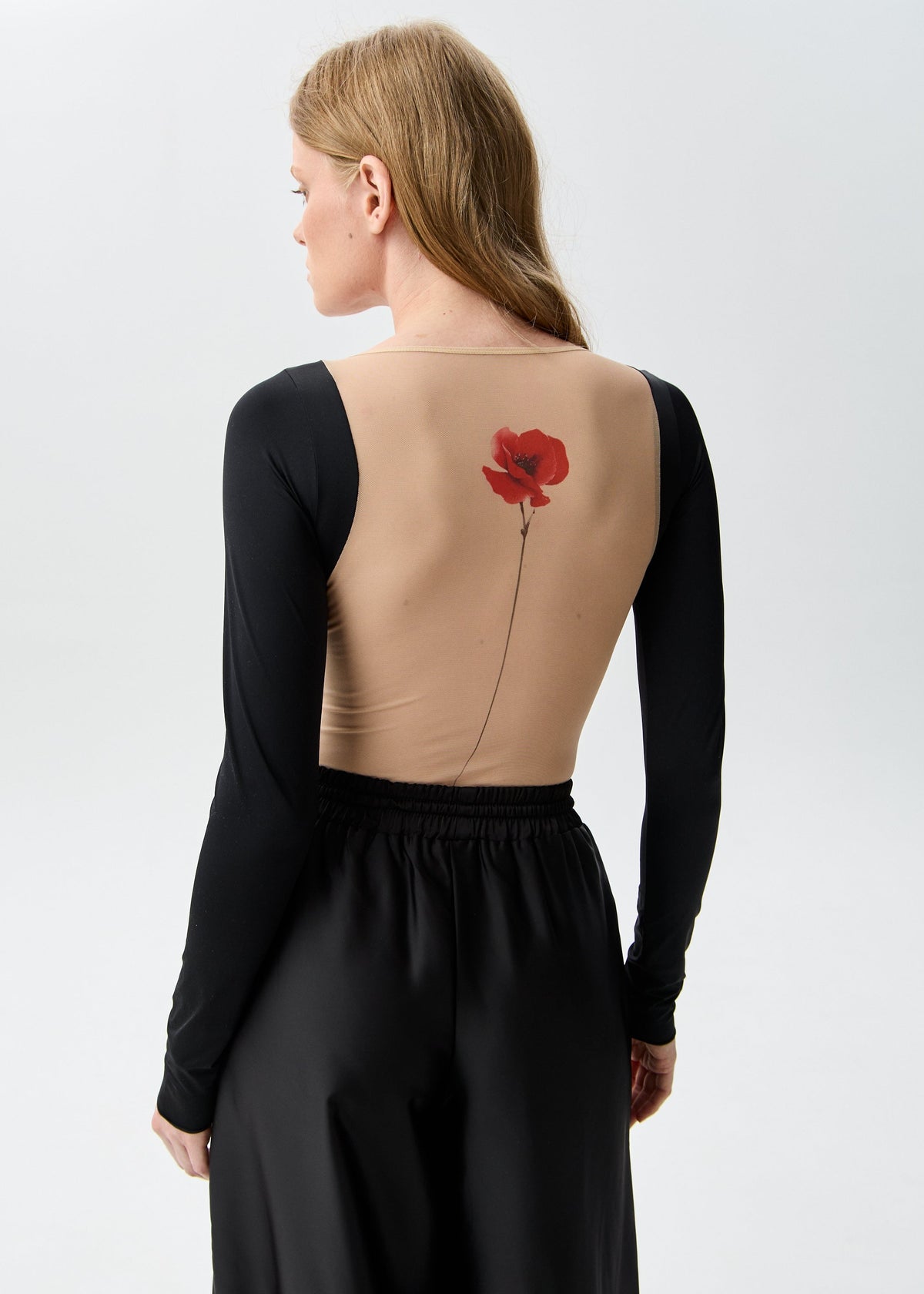 Poppy Tattoo Effect Bodysuit: Long Sleeve & Open Back - BRIKOLY