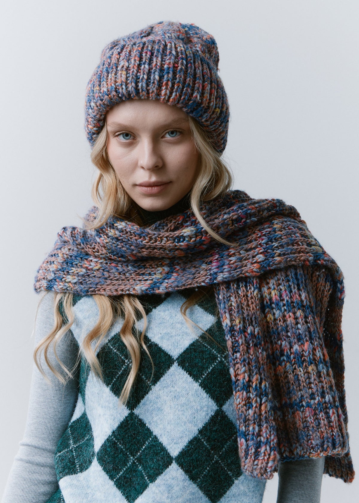 Tokyo Pink and Blue cable knit wool beanie: Front portrait with matching scarf, sold separately