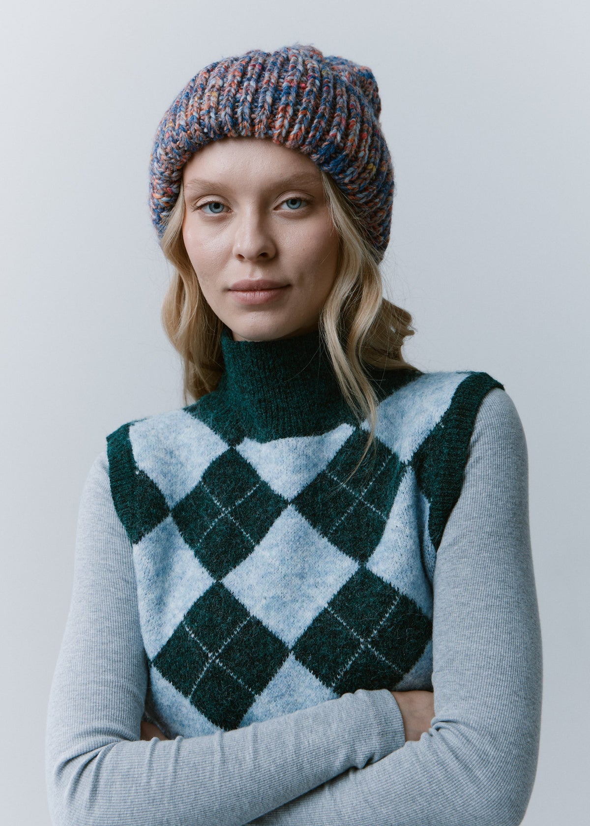 Tokyo Pink and Blue cable knit wool beanie: Front outfit view