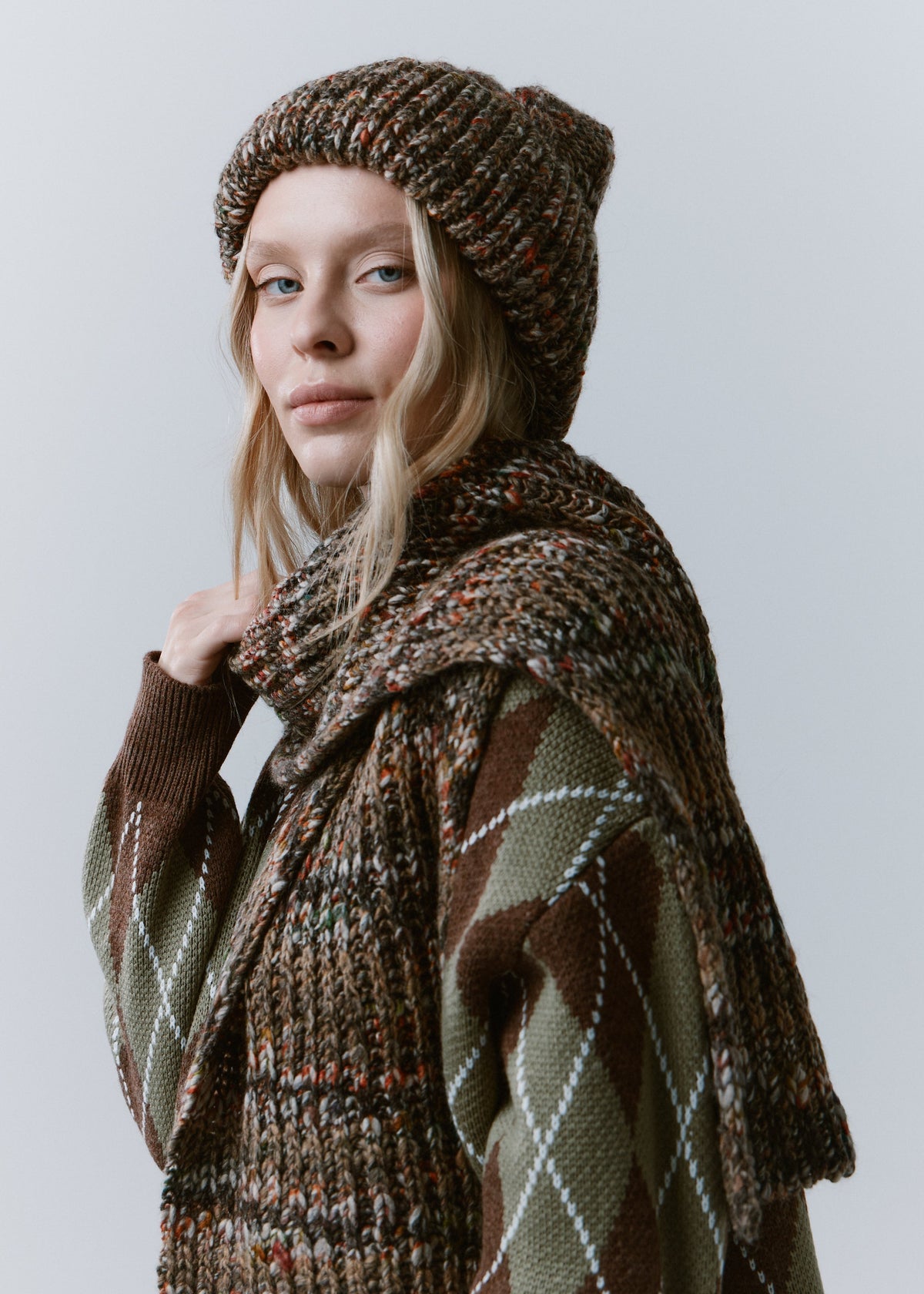 Tokyo Multicolor cable knit wool beanie: Side outfit view with matching scarf, sold separately