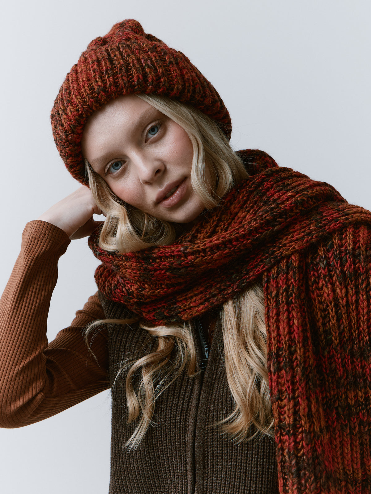 Tokyo Brown cable knit wool beanie: Portrait with matching scarf, sold separately