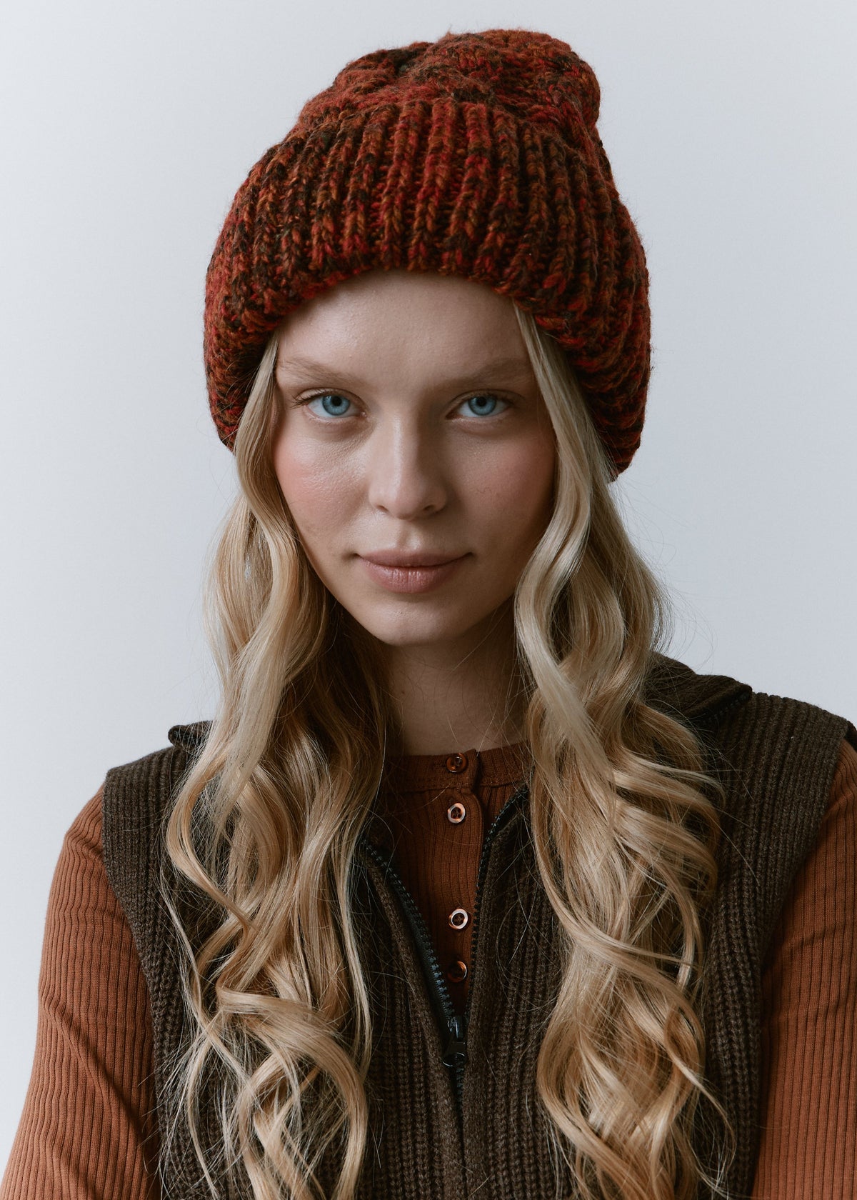 Tokyo Brown cable knit wool beanie: Front view of the folded cuff
