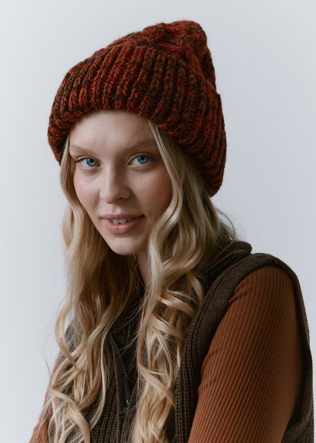 Tokyo Brown cable knit wool beanie: Front portrait with a relaxed crown