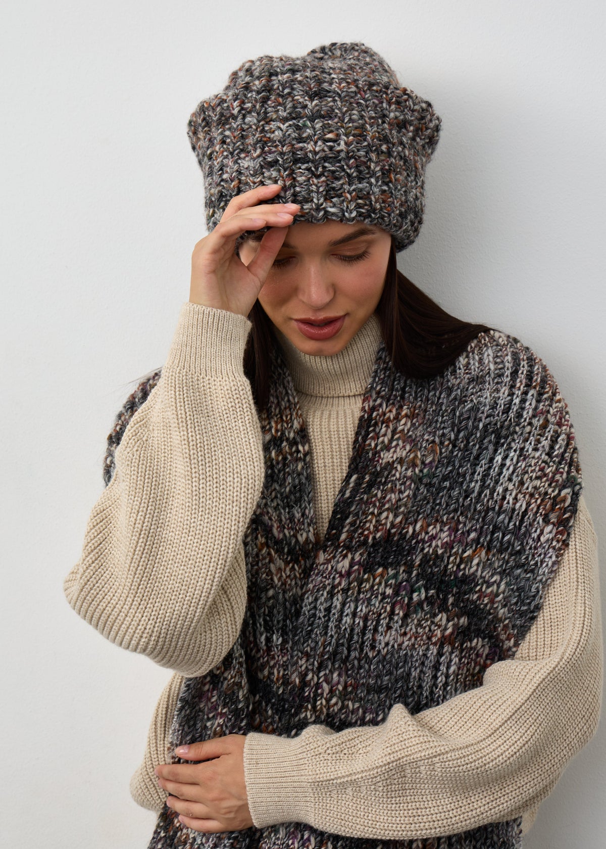 Oversized Double-Layer Wool Hat in Grey & White & Brown - BRIKOLY