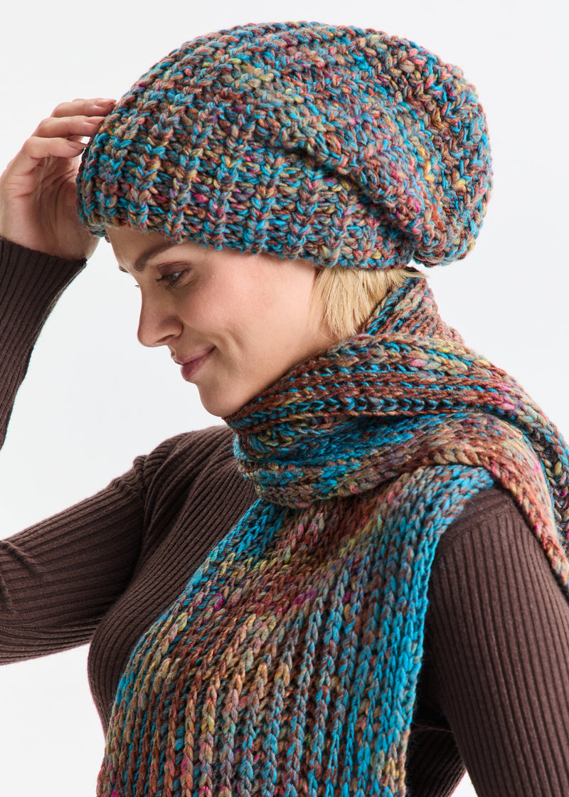 Oversized Double-Layer Wool Hat in Turquoise & Orange