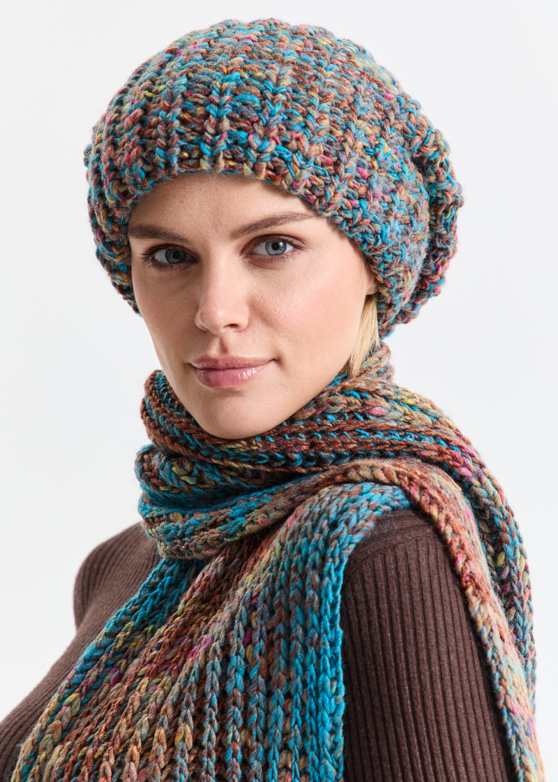 Oversized Double-Layer Wool Hat in Turquoise & Orange