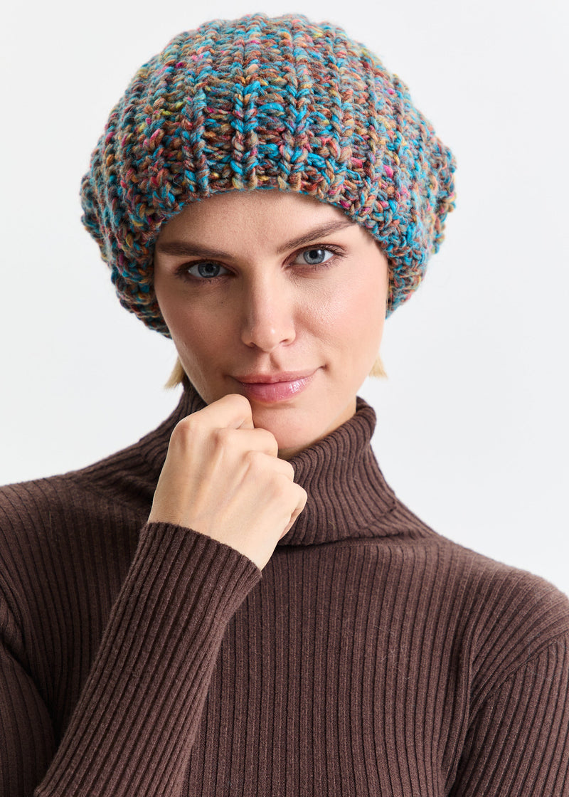 Oversized Double-Layer Wool Hat in Turquoise & Orange